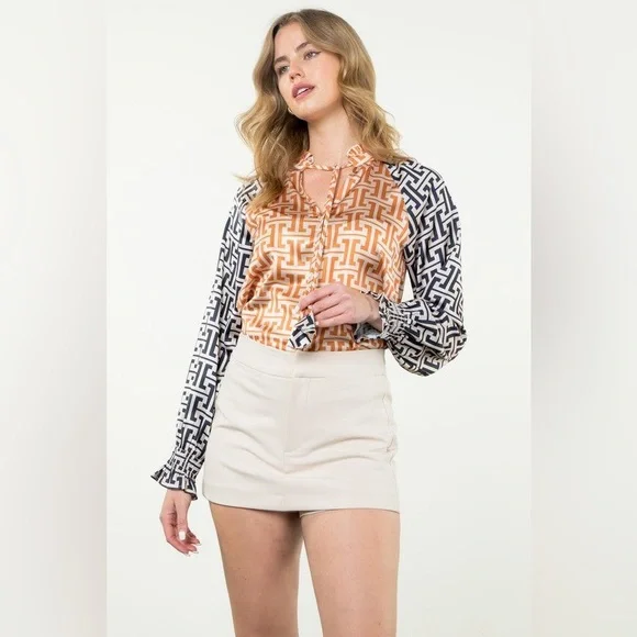 NWT THML Orange and Black Geometric Blouse Size M - Picture 2 of 8